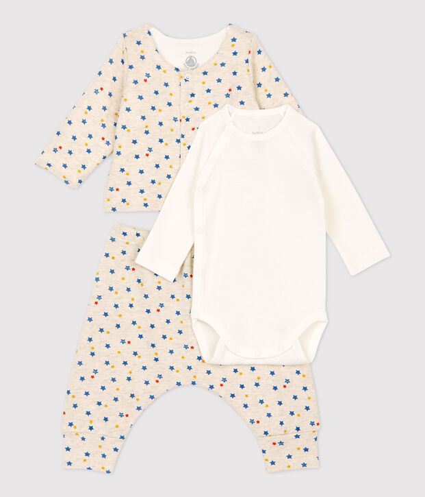 Ensemble 3 pi&egrave;ces imprim&eacute; &eacute;toiles multicolores b&eacute;b&eacute; fille en laine et coton biologique beige/multicouleur